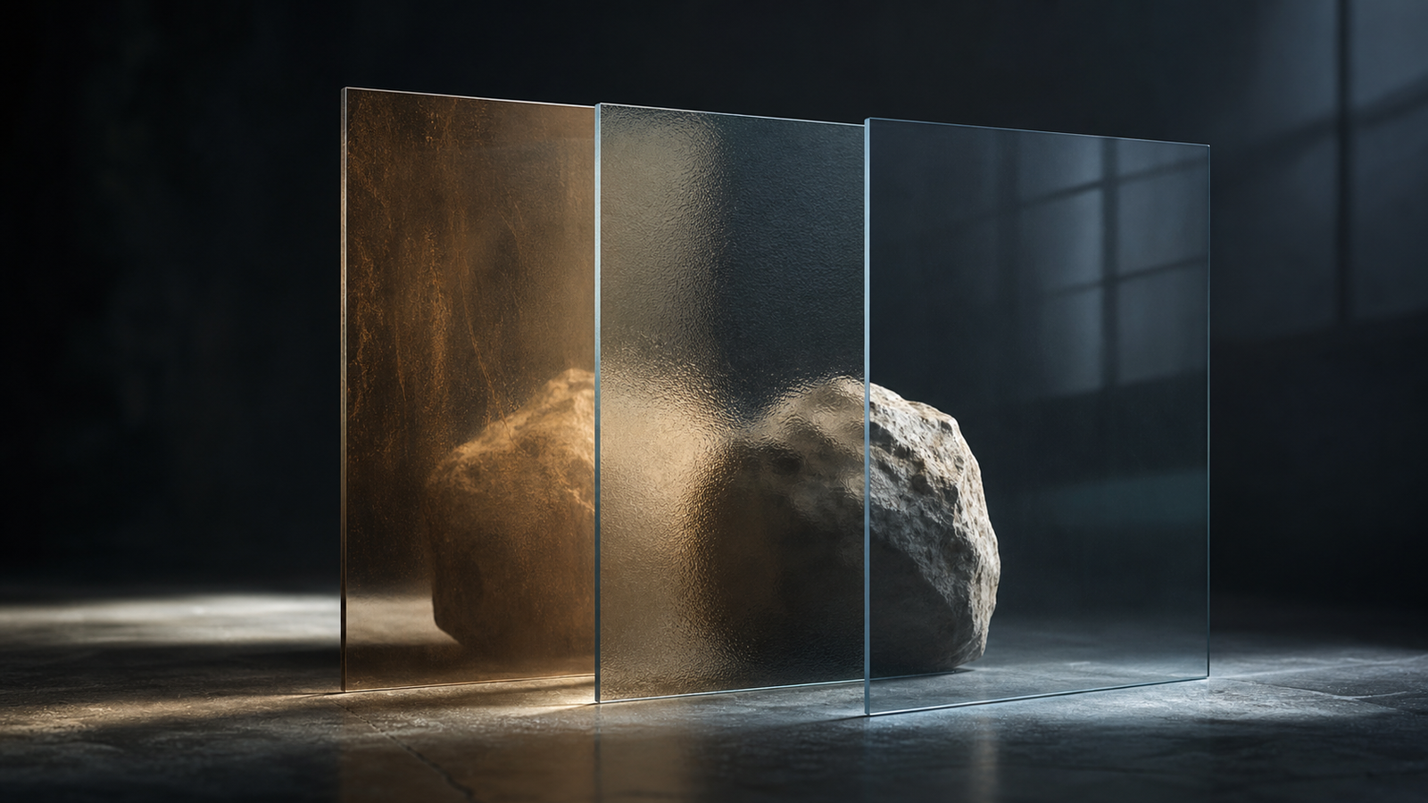 Three translucent panes revealing different aspects of one stone