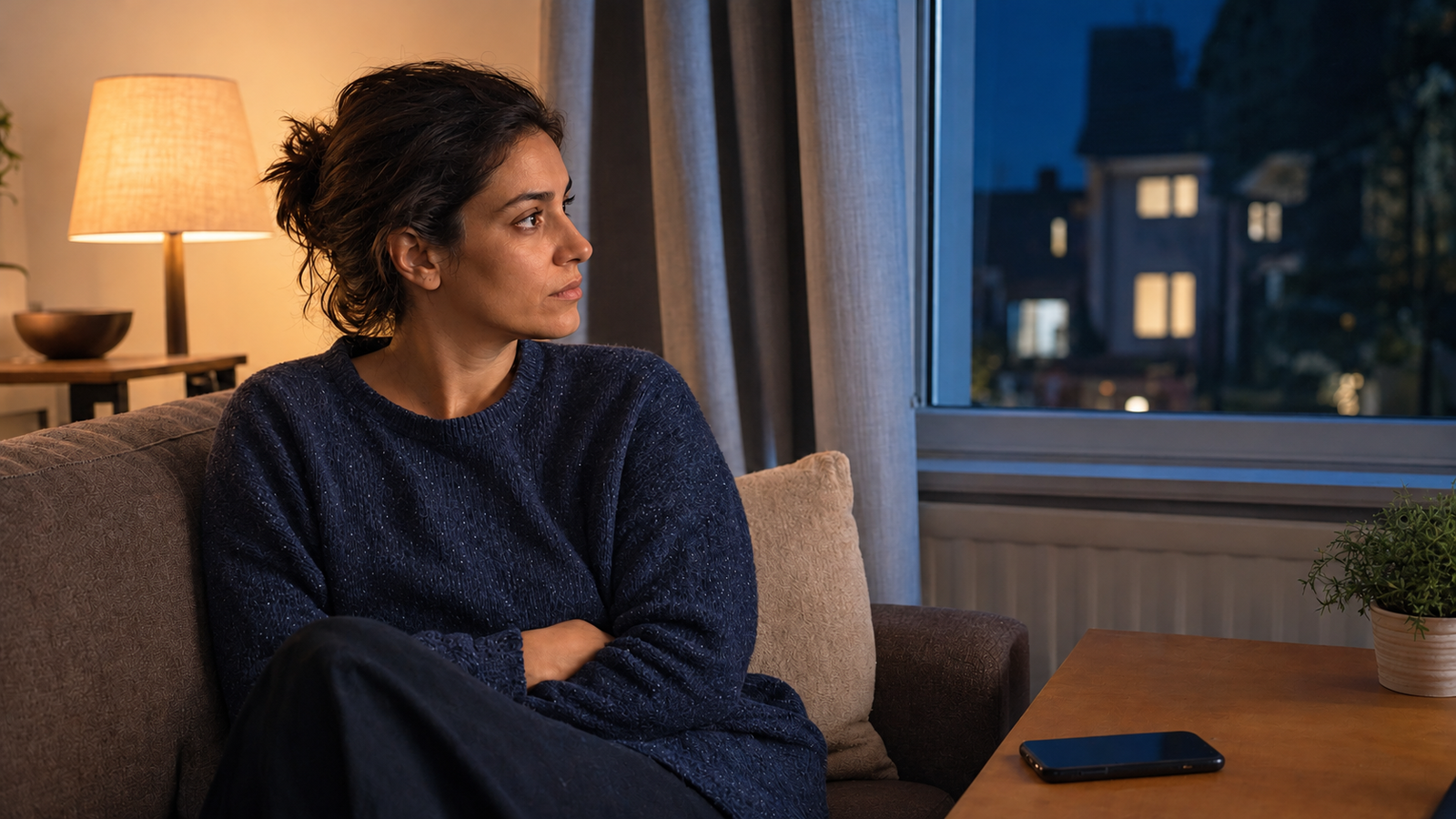 A person beside a window, caught in a quiet moment of questioning