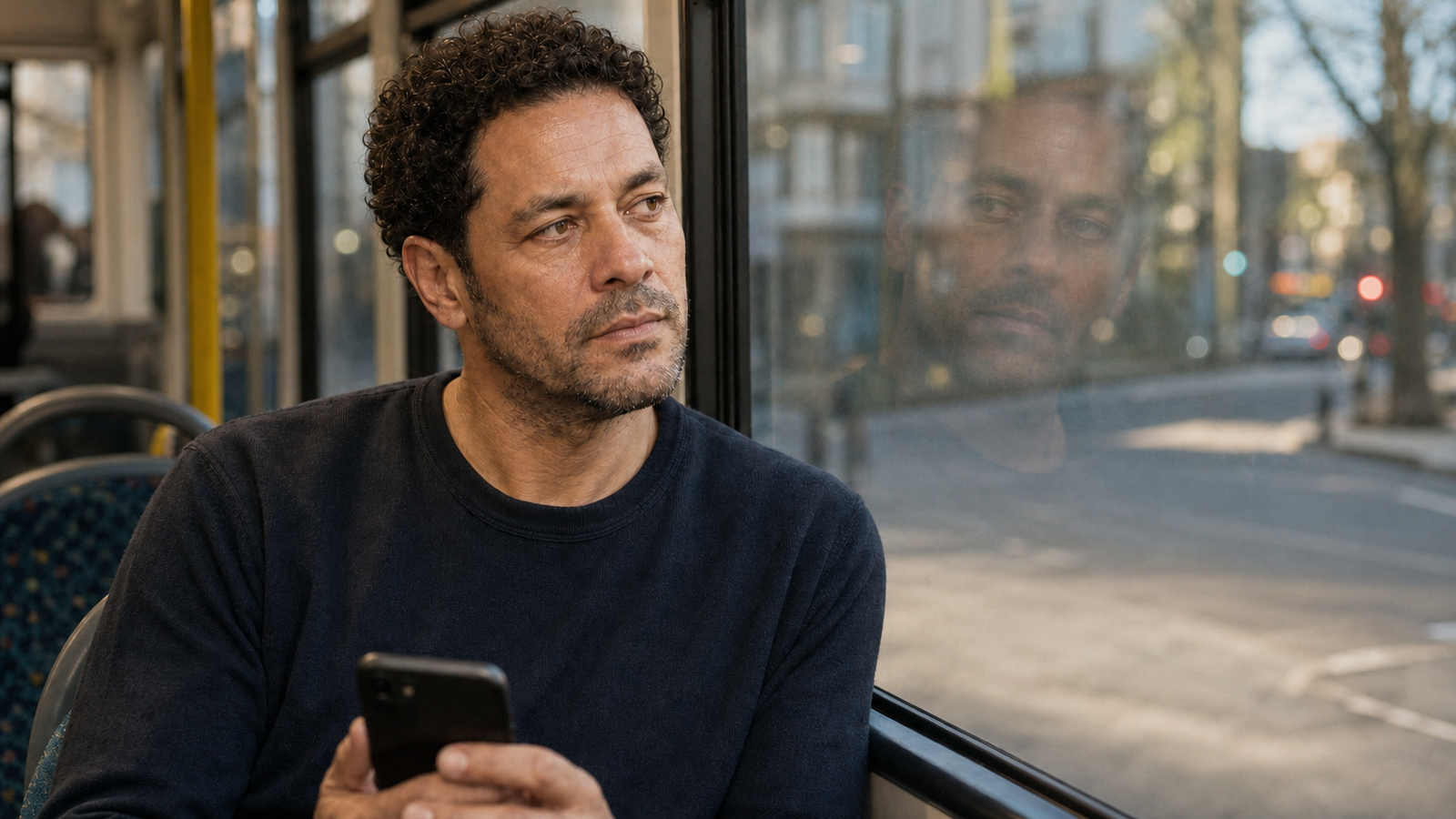 A man quietly noticing his reflection during an ordinary journey