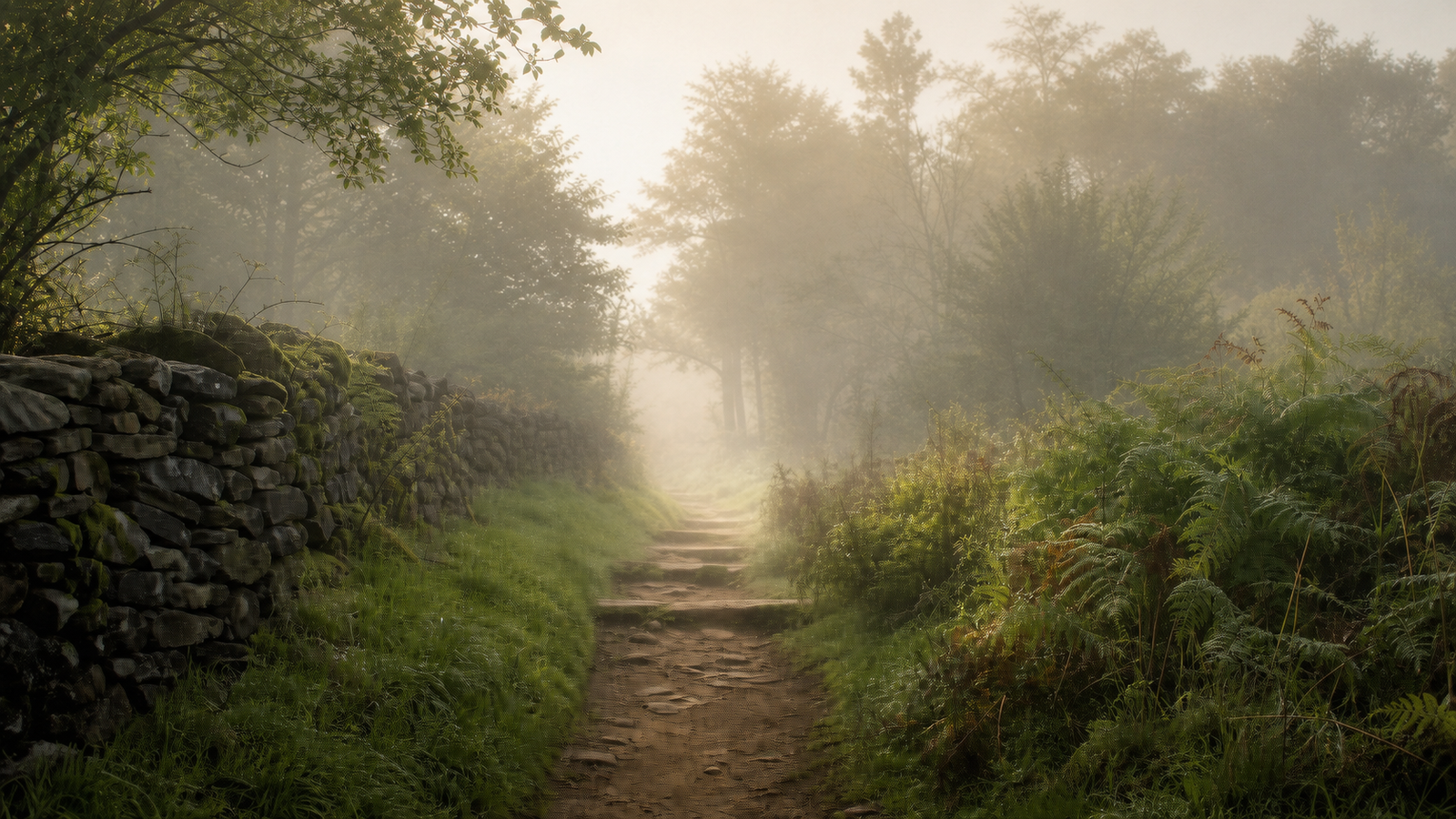 An ordinary footpath continuing into soft morning light